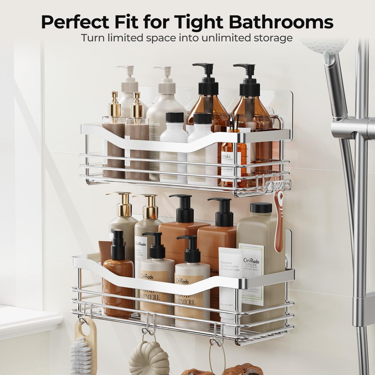 Shower Caddy Basket Shelf with 5 Hooks Adhesive Organizer Storage Rack Rust Resistant Wall Mounted Stainless Steel No Drilling for Bathroom, Toilet, Kitchen - 2 Pack